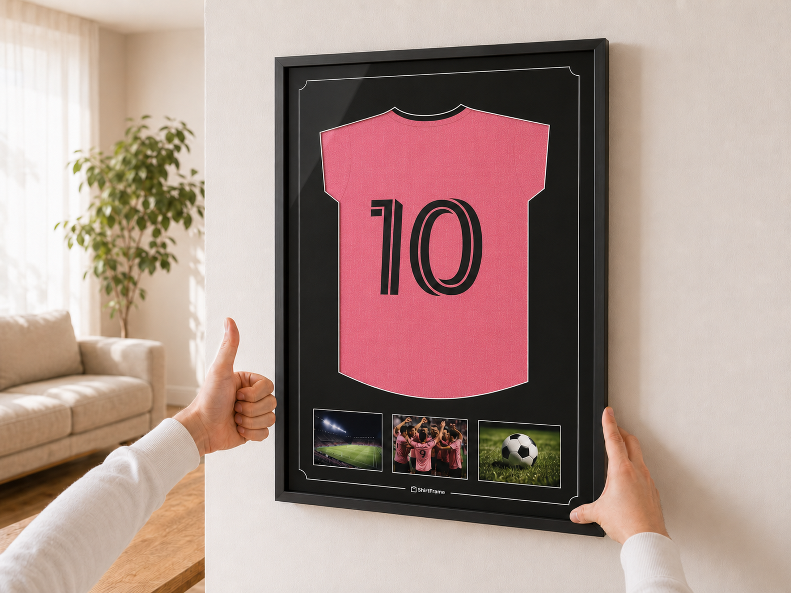ShirtFrame with framed sports shirt hanging neatly on the wall