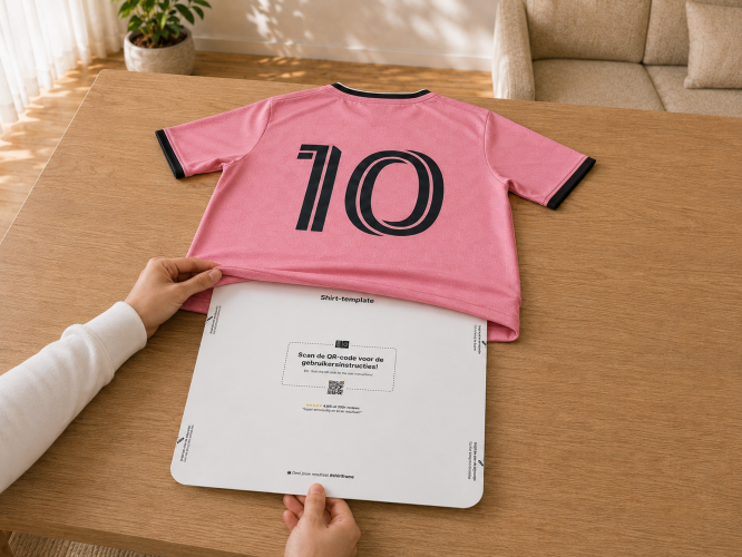 ShirtFrame template being slid underneath a sports shirt
